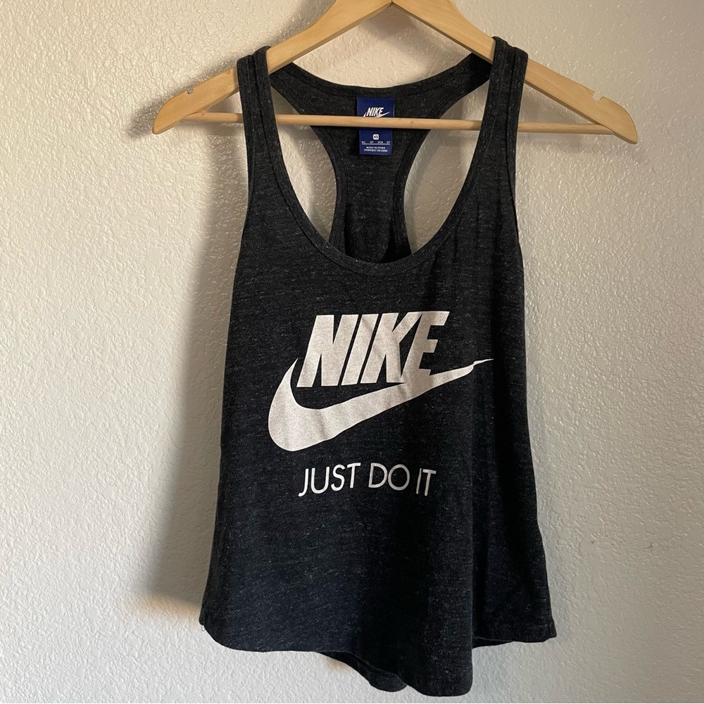 Nike Women's Racerback Charcoal Tank Top with White Logo Organic Cotton XS